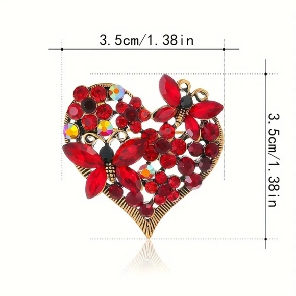 Red Rhinestone Butterfly Heart Brooch Pin - Picture 3 of 4